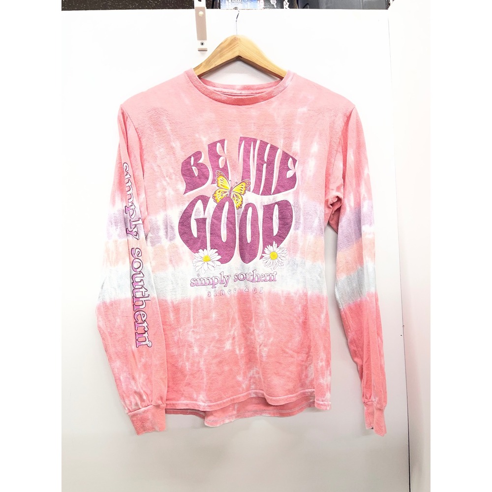 Simply Southern Women Pink Tie Dye Be The Good Butterfly Long Sleeve Shirt Small